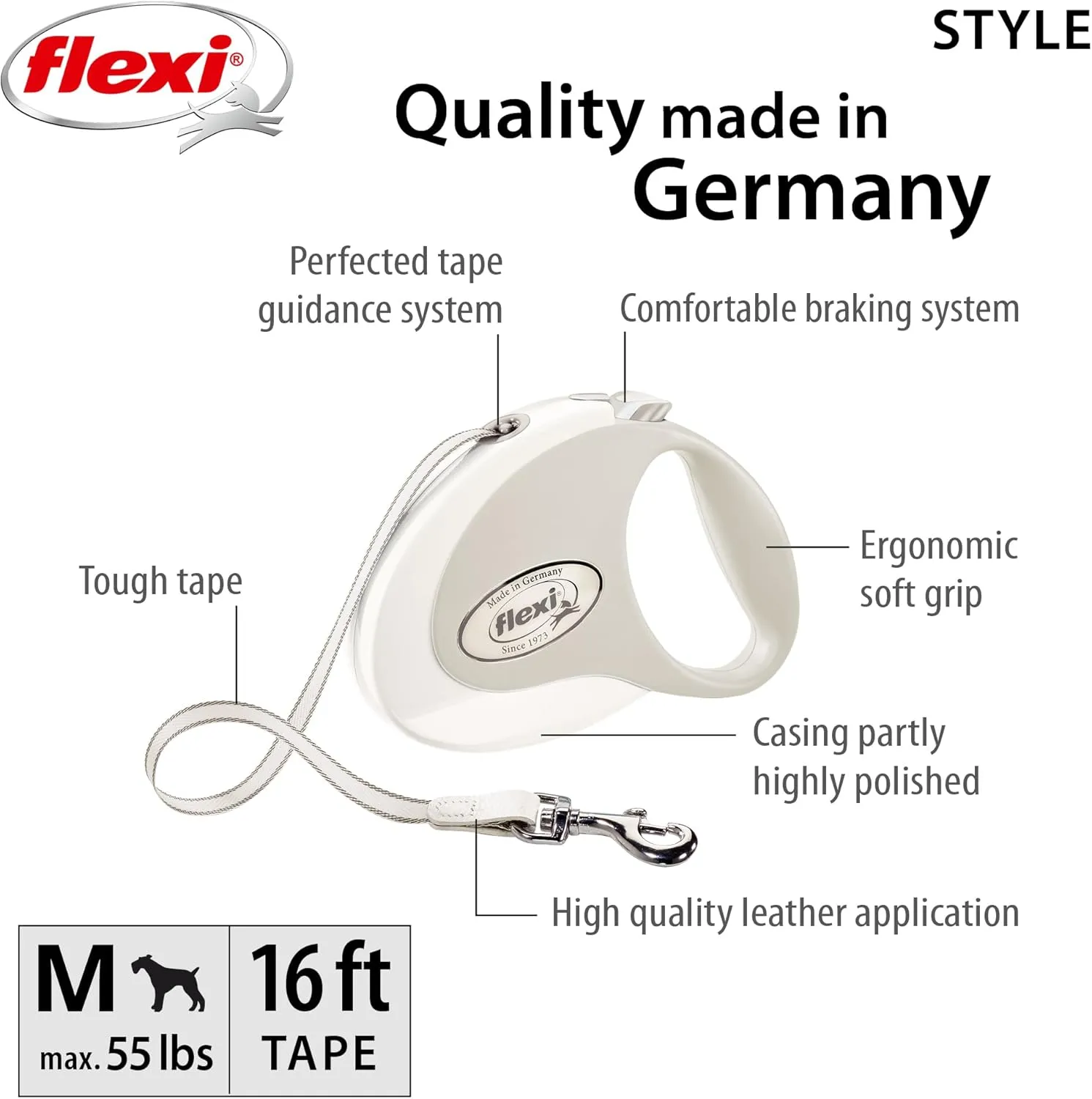 FLEXI Style Retractable Dog Leash (Tape), Ergonomic, Durable and Tangle Free Pet Walking Leash for Dogs Up to 55 lbs, 16 ft, Medium, White/Grey
