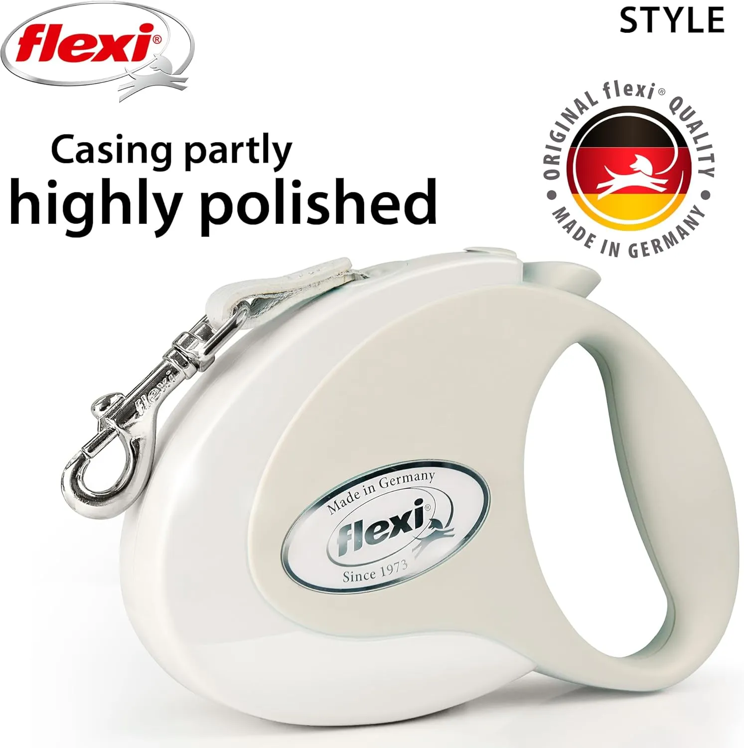 FLEXI Style Retractable Dog Leash (Tape), Ergonomic, Durable and Tangle Free Pet Walking Leash for Dogs Up to 55 lbs, 16 ft, Medium, White/Grey