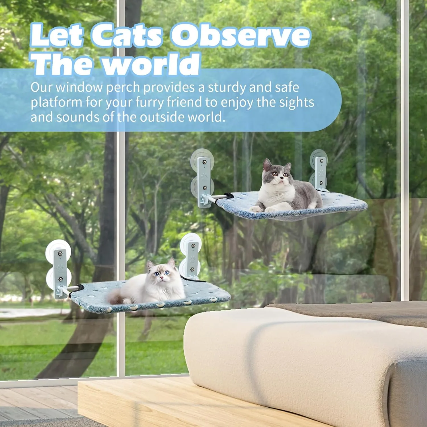 Glow in the Dark Cat Hammock with Cordless Cat Bed, 4 Strong Suction Cups, Warm Soft Zipper Cushions, Moon, Large