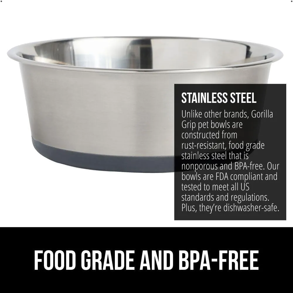 GORILLA GRIP Stainless Steel Metal Dog Bowl, Rubber Base, Heavy Duty Feeding Dish, Food Grade BPA Free, Less Sliding, Quiet Pet Bowl for Cats and Dogs, Holds 2 Cups (16 fl oz), Gray