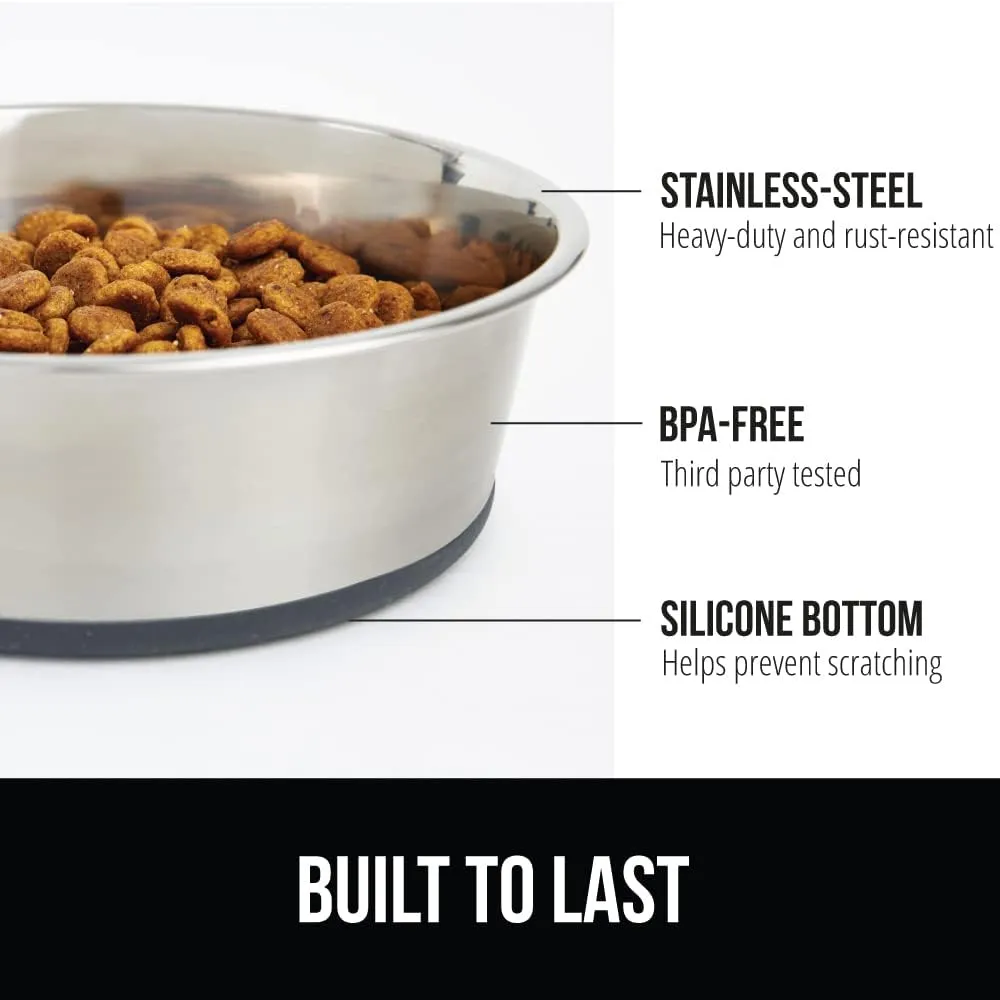GORILLA GRIP Stainless Steel Metal Dog Bowl, Rubber Base, Heavy Duty Feeding Dish, Food Grade BPA Free, Less Sliding, Quiet Pet Bowl for Cats and Dogs, Holds 2 Cups (16 fl oz), Gray