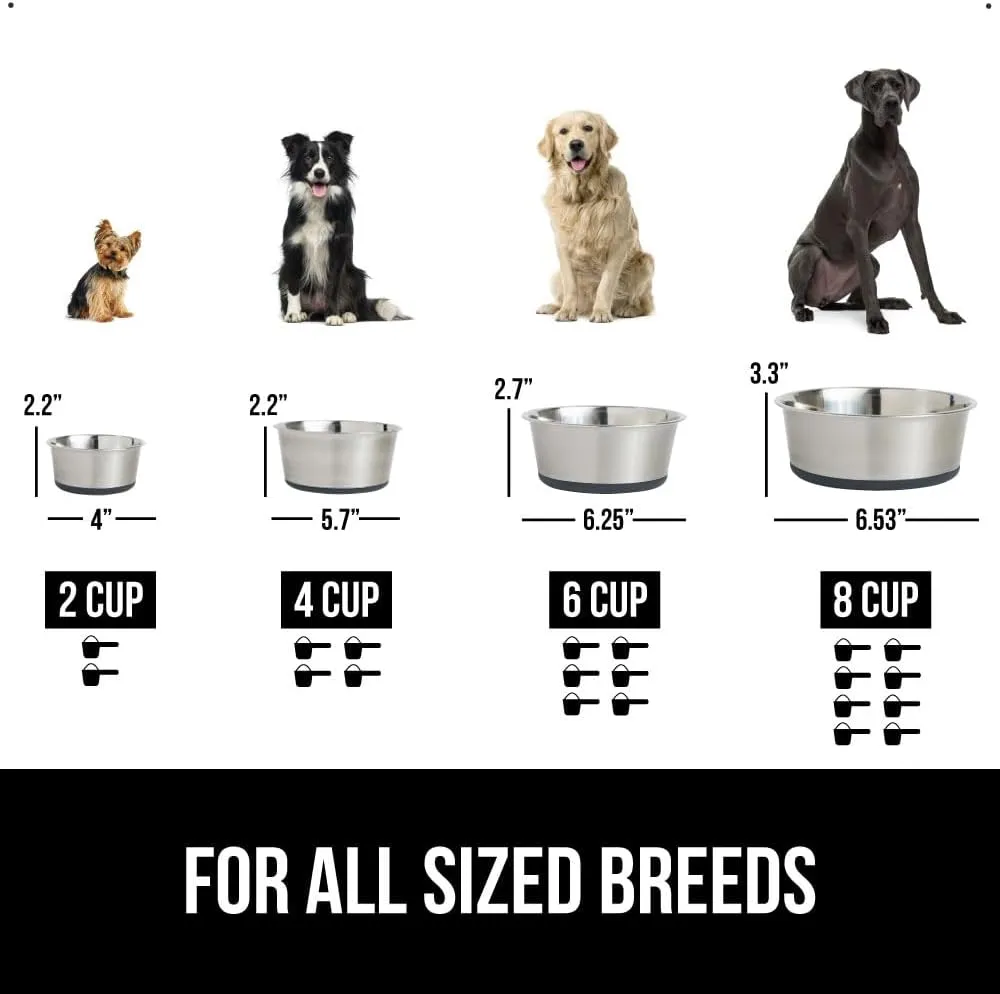 GORILLA GRIP Stainless Steel Metal Dog Bowl, Rubber Base, Heavy Duty Feeding Dish, Food Grade BPA Free, Less Sliding, Quiet Pet Bowl for Cats and Dogs, Holds 2 Cups (16 fl oz), Gray