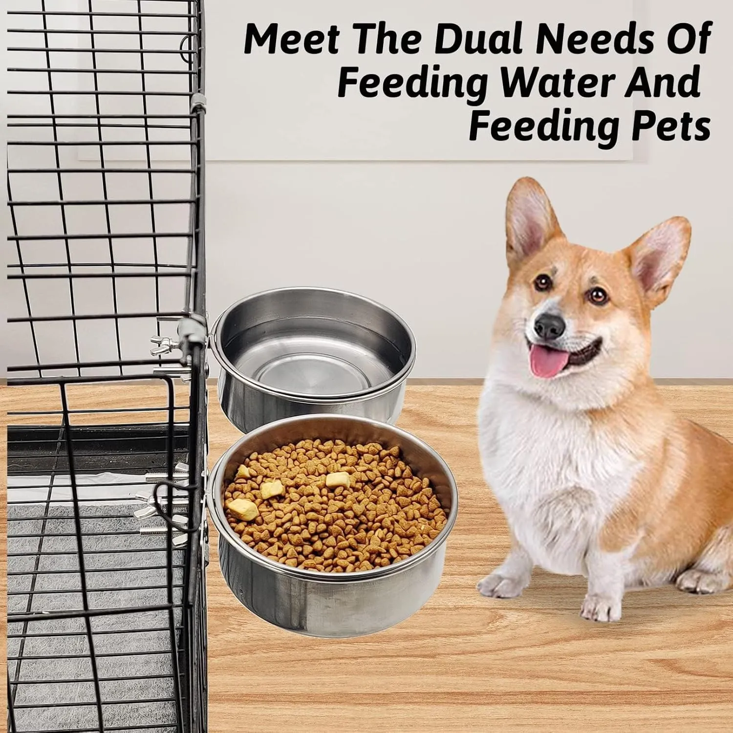 Hamiledyi 2 Pcs Dog Crate Bowl Stainless Steel Puppy Bowls Durable Spill-Proof Pet Water Bowl Hanging Water/Food Metal Bowls for Puppy Medium-Sized Dogs Cats (4.7'' x 2'')