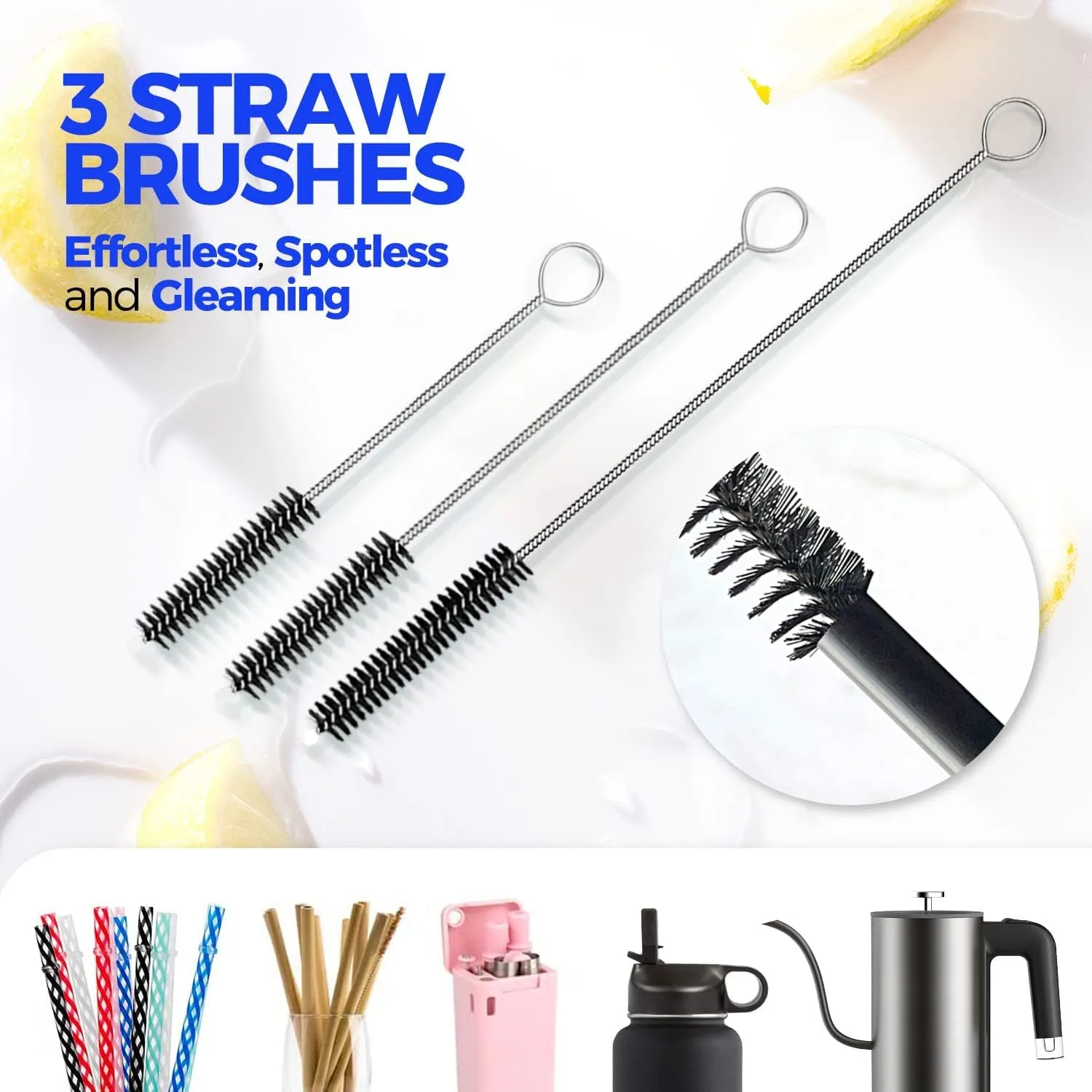 Holikme 6 Pack Bottle Brush Set, 14" Long Handle Stainless Steel Bottle Cleaner Brush, 3 Straw Brushes, 3-in-1 Bottle Cleaning Brush for Water Bottle, Antistatic Lab Brushes, Straws Black