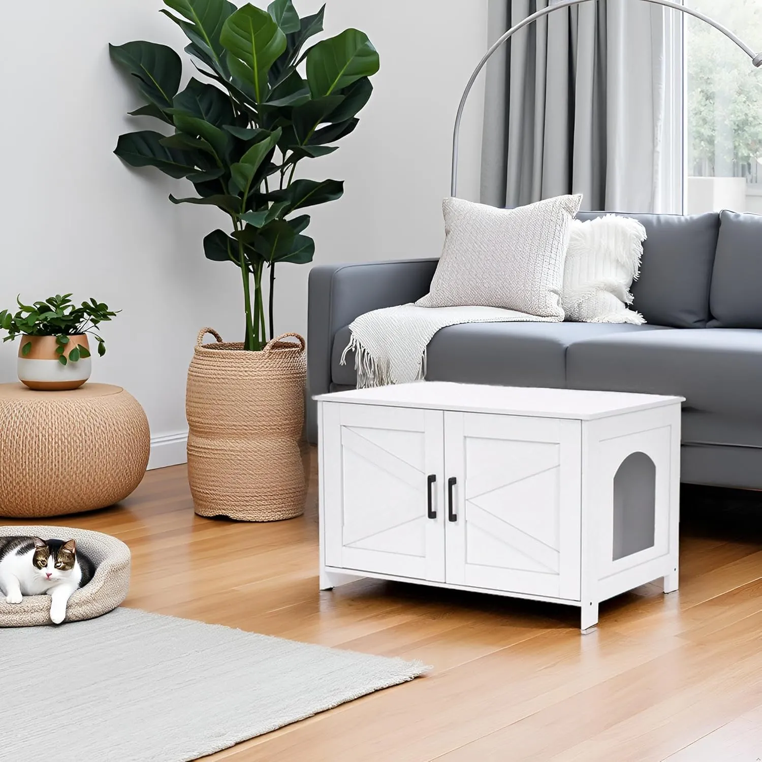 Homhedy Cat Litter Box Enclosure, Wooden Cat Washroom Furniture with Barn Door, Pet House, Fit Most of Litter Box, White