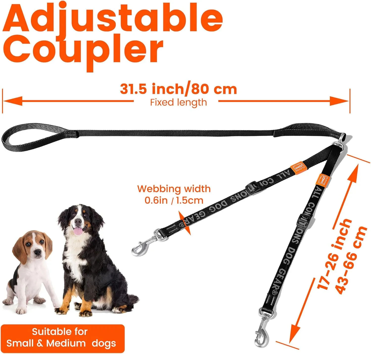 HOWGO Double Dog Leash, No Tangle 360 Swivel, Adjustable Two Padded Handles, Double Clip Dog Leash Coupler Splitter for Small and Medium Breeds (Orange, 2/3'' x 4.8 FT)