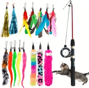 Interactive Cat Wand Toy Set with Retractable Rod, 2pcs/7Pcs/12PCS/18 Feather and Plush Attachments, Multicolor (8PCS(1 7PCS Random)