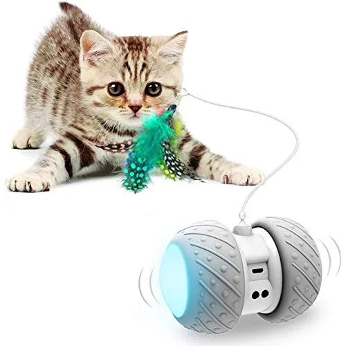 Interactive Robotic Cat Toys,Automatic Irregular USB Charging 360 Degree Self Rotating Ball,Automatic Feathers/Birds/Mouse Toys for Cats/Kitten,Build-in Spinning Led Light，Large Capacity Battery