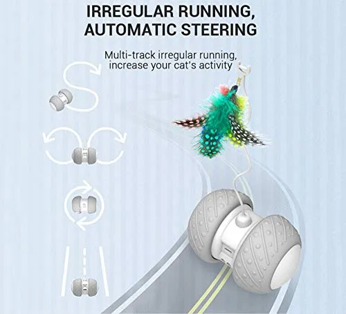 Interactive Robotic Cat Toys,Automatic Irregular USB Charging 360 Degree Self Rotating Ball,Automatic Feathers/Birds/Mouse Toys for Cats/Kitten,Build-in Spinning Led Light，Large Capacity Battery