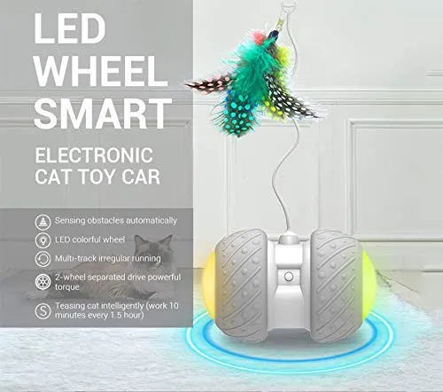 Interactive Robotic Cat Toys,Automatic Irregular USB Charging 360 Degree Self Rotating Ball,Automatic Feathers/Birds/Mouse Toys for Cats/Kitten,Build-in Spinning Led Light，Large Capacity Battery