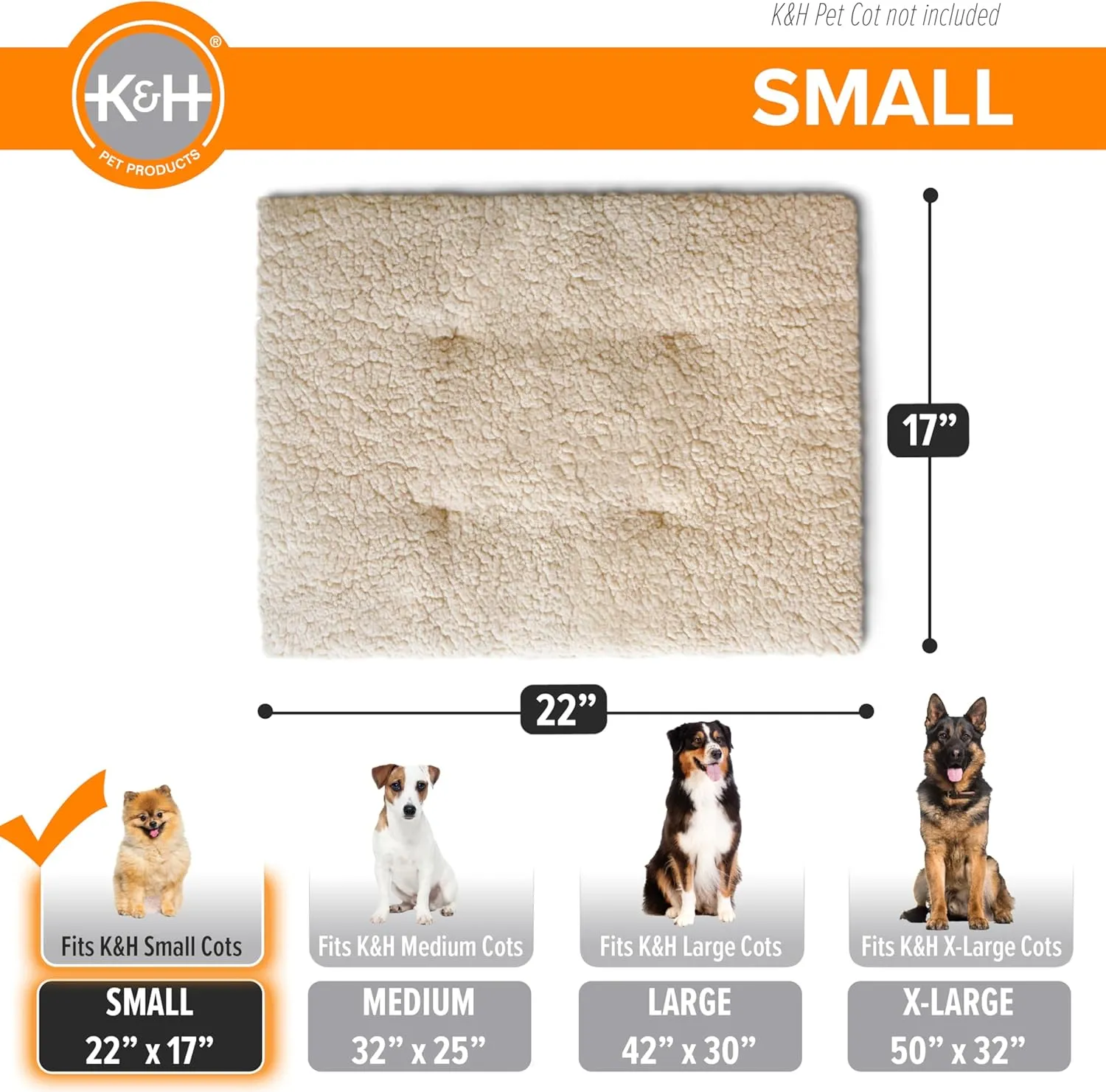 K&H Pet Products Dog Cot Pad (Cot Sold Separately), Pillow-Top Comfort Bed for K&H Small Elevated Dog Beds, Soft & Fluffy, Secure Fit Straps, Machine Washable, Portable - Small 22 X 17in Tan Fleece
