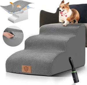 Kphico Pet Stairs Step,Non-Slip Dog Steps 3 Tiers,15.7"High Density Foam Dog Ramps,Extra Wide Deep Pet Steps for High Beds Couch,Idea for Older Dogs,Pet with Joint Pain-Send 1 Pet Hair Remover Roller