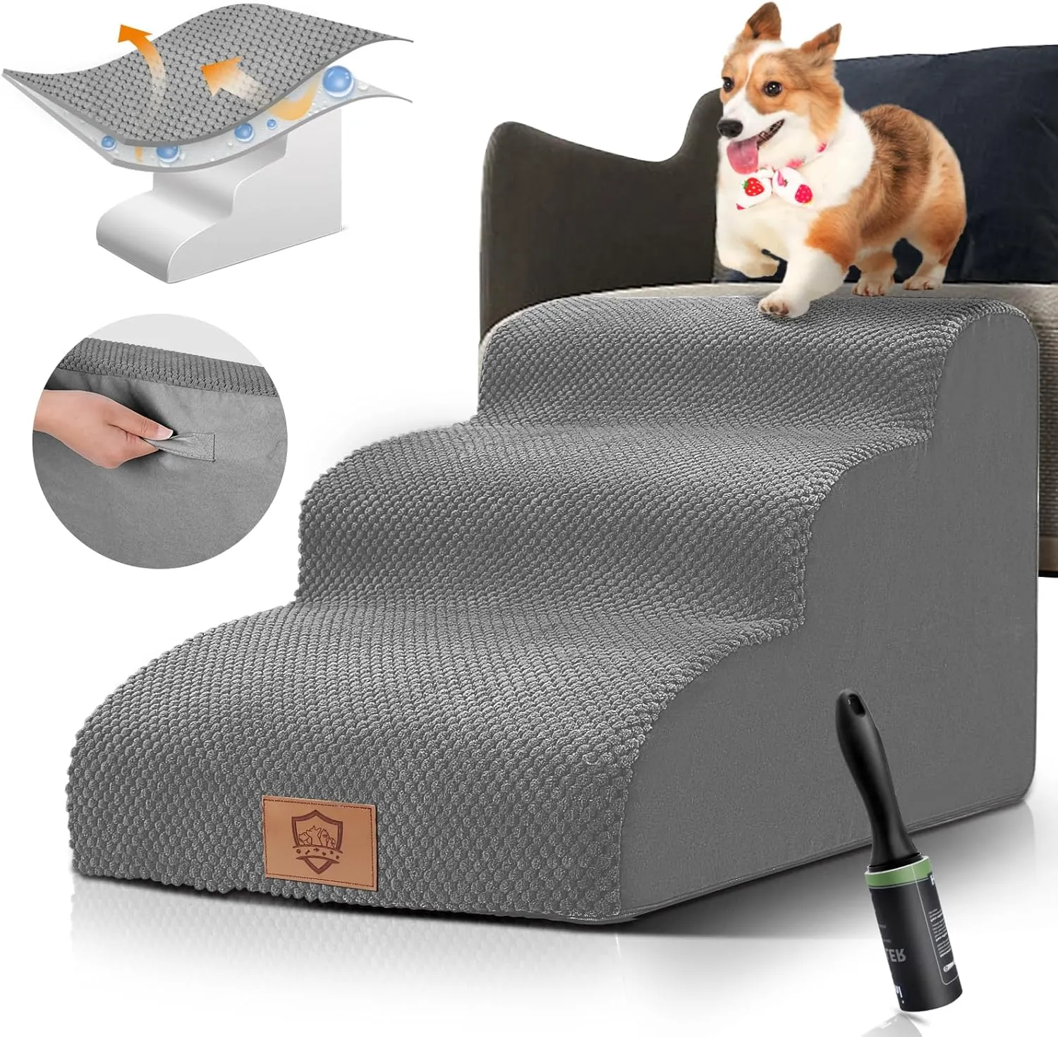 Kphico Pet Stairs Step,Non-Slip Dog Steps 3 Tiers,15.7"High Density Foam Dog Ramps,Extra Wide Deep Pet Steps for High Beds Couch,Idea for Older Dogs,Pet with Joint Pain-Send 1 Pet Hair Remover Roller