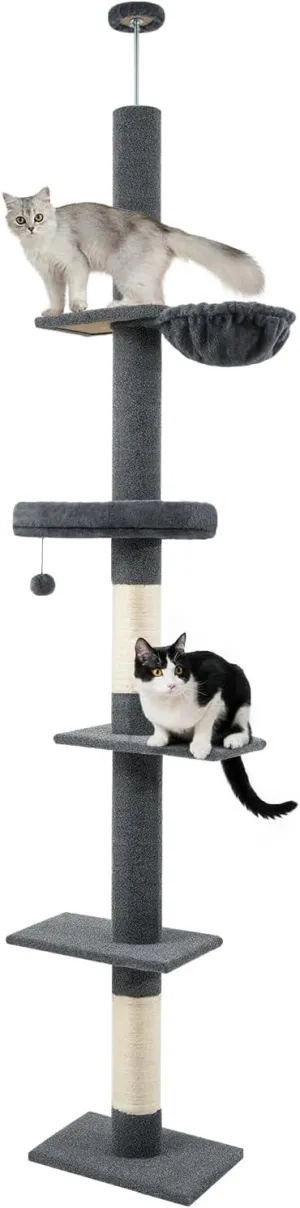 Made4Pets Floor to Ceiling Cat Tree,5 Tiers Cat Tower,Adjustable Heihgt 96-108'', Tall Cat Climbing Tower with Scratching Posts,Cozy Hammock,Fluffy Perchs for Indoor Cats, Grey