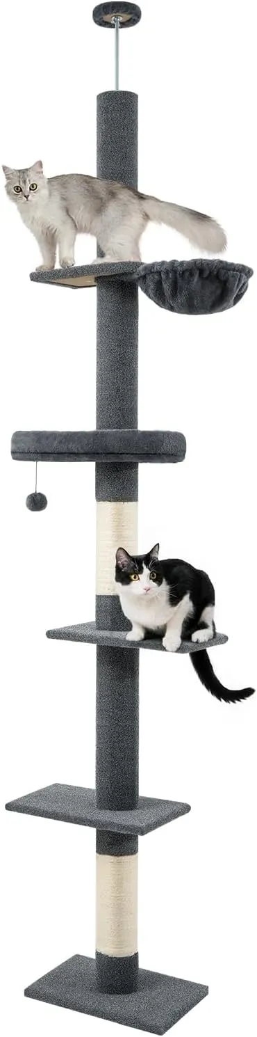 Made4Pets Floor to Ceiling Cat Tree,5 Tiers Cat Tower,Adjustable Heihgt 96-108'', Tall Cat Climbing Tower with Scratching Posts,Cozy Hammock,Fluffy Perchs for Indoor Cats, Grey