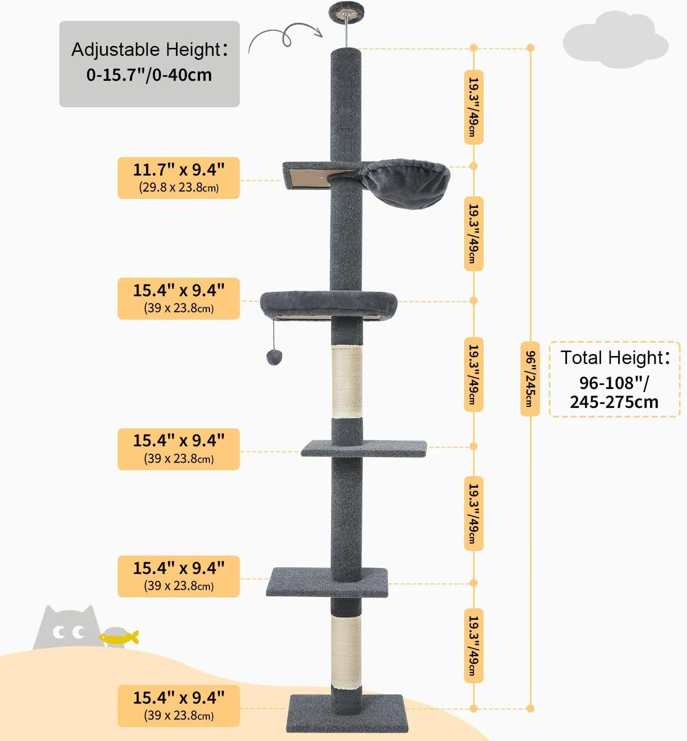 Made4Pets Floor to Ceiling Cat Tree,5 Tiers Cat Tower,Adjustable Heihgt 96-108'', Tall Cat Climbing Tower with Scratching Posts,Cozy Hammock,Fluffy Perchs for Indoor Cats, Grey
