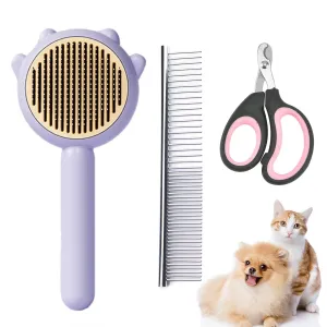 Magic Pet Comb, Pet Hair Cleaner Brush, Cat Grooming Brush Cat Nail Clipper Release Button Cat Comb wololith Stainless Steel Teeth for Shedding Hair Cats Dogs Massage Brushes (Purple)