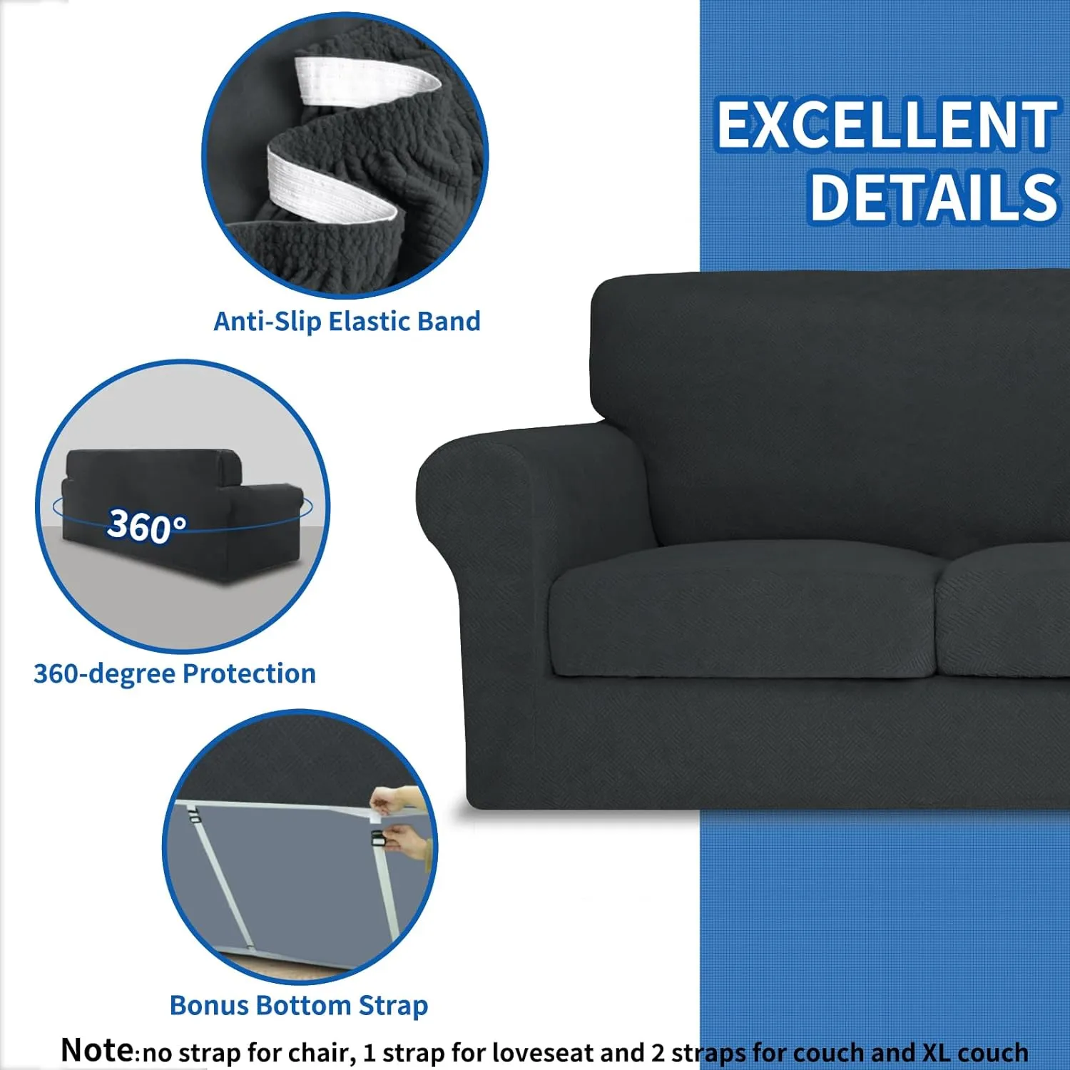 MAXIJIN 3 Piece Couch Covers for 2 Cushion Couch loveseat Cover, Stretch Love Seat Sofa Slipcovers for Dogs Pet, Thick Furniture Protector with 2 Seat Cushion (55"-69", Gray)