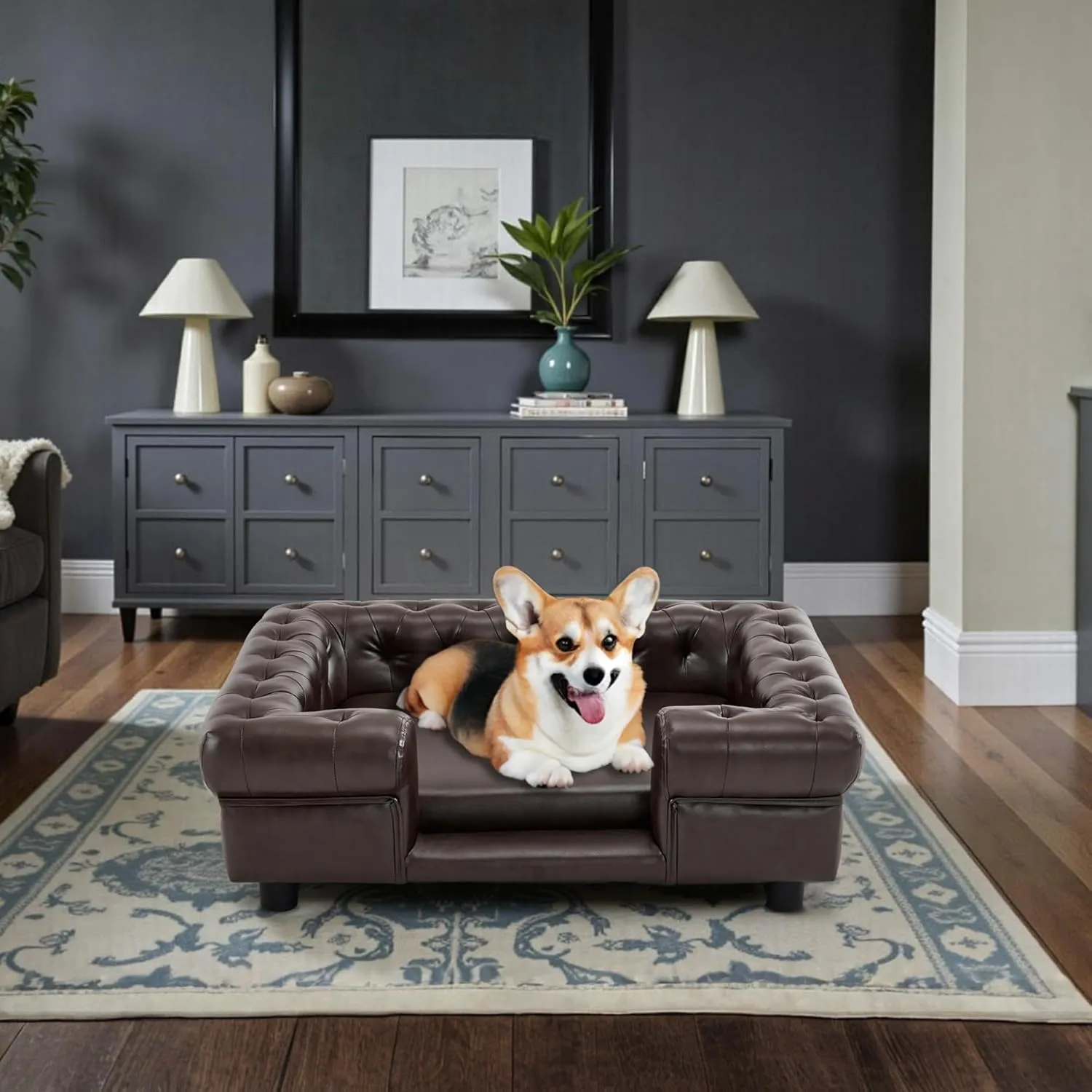 MCombo Faux Leather Dog Couch, Pet Bed for Medium Dogs, Pet Sofa with Small Stairs, 6321 (Dark Brown)