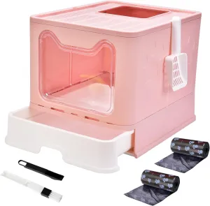 Panghuhu88 Foldable Cat Litter Box with Lid, Large Top Entry Cat Toilet, Enclosed Cat Potty Include Cat Litter Scoop, Drawer Type Easy Clean Cat Litter Pan(Pink)