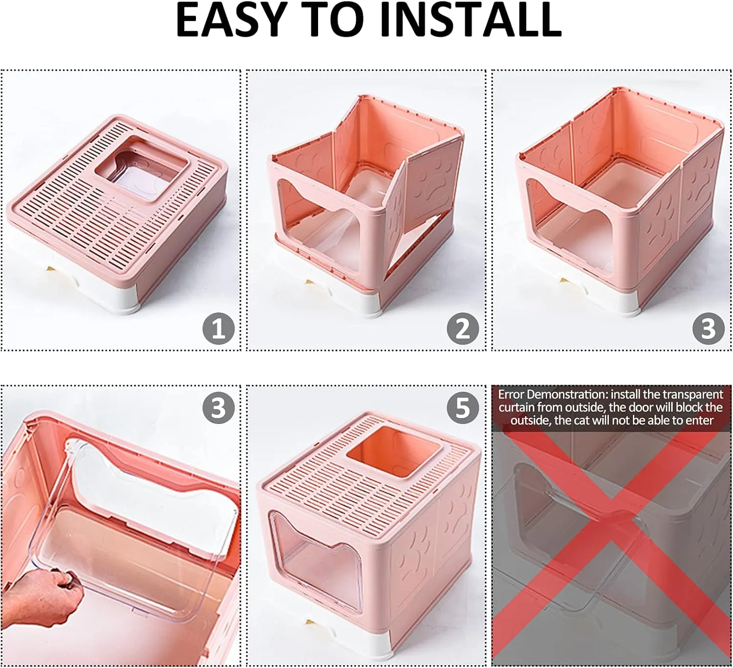 Panghuhu88 Foldable Cat Litter Box with Lid, Large Top Entry Cat Toilet, Enclosed Cat Potty Include Cat Litter Scoop, Drawer Type Easy Clean Cat Litter Pan(Pink)