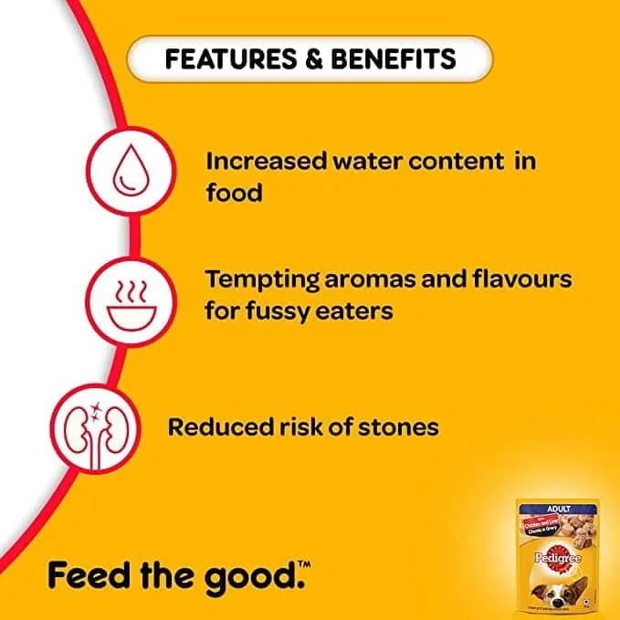 Pedigree Chicken & Liver Chunks in Gravy Pouch Adult Wet Food and Chicken & Vegetables Adult Dog Dry Food Combo
