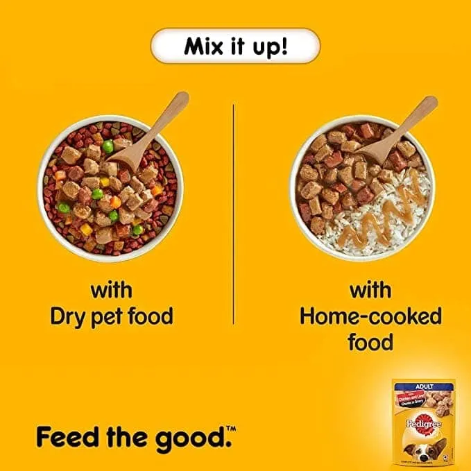 Pedigree Chicken & Liver Chunks in Gravy Pouch Adult Wet Food and Chicken & Vegetables Adult Dog Dry Food Combo