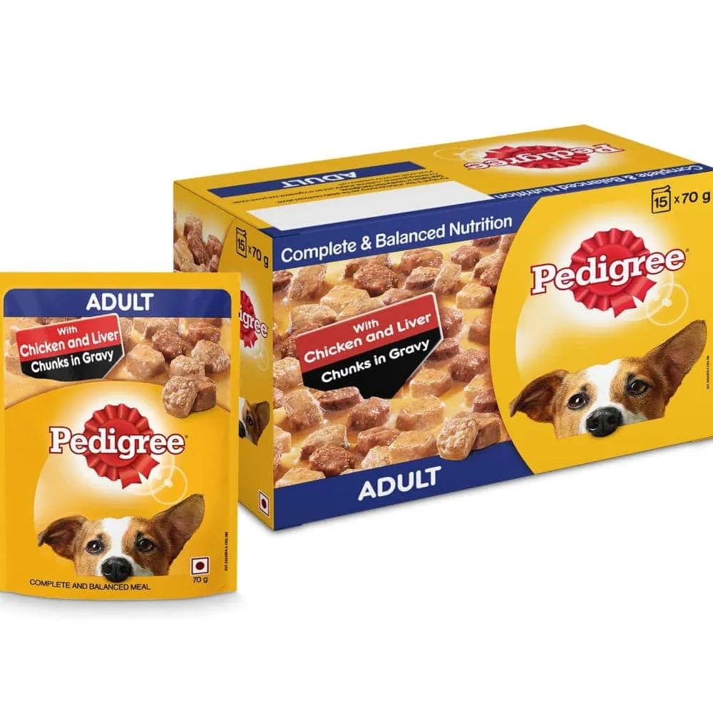 Pedigree Chicken & Liver Chunks in Gravy Pouch Adult Wet Food and Chicken & Vegetables Adult Dog Dry Food Combo
