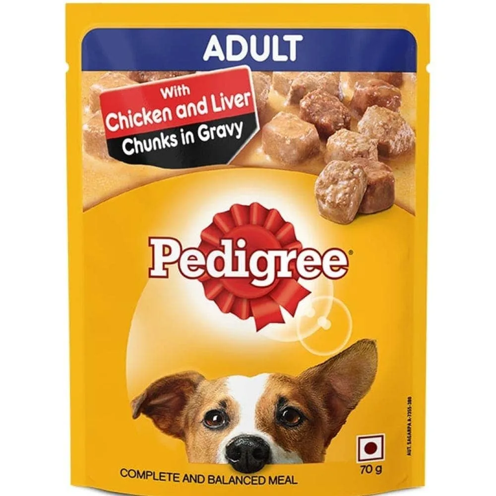 Pedigree Chicken & Liver Chunks in Gravy Pouch Adult Wet Food and Chicken & Vegetables Adult Dog Dry Food Combo