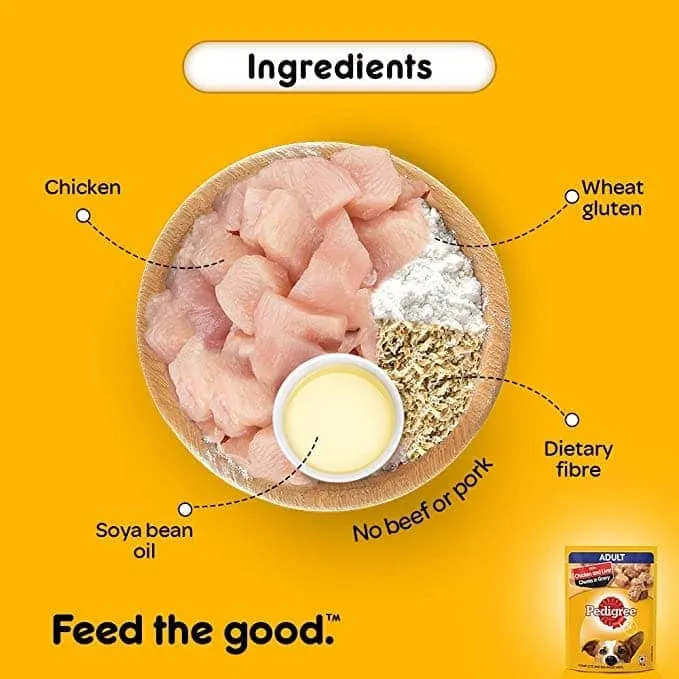 Pedigree Chicken & Liver Chunks in Gravy Pouch Adult Wet Food and Chicken & Vegetables Adult Dog Dry Food Combo