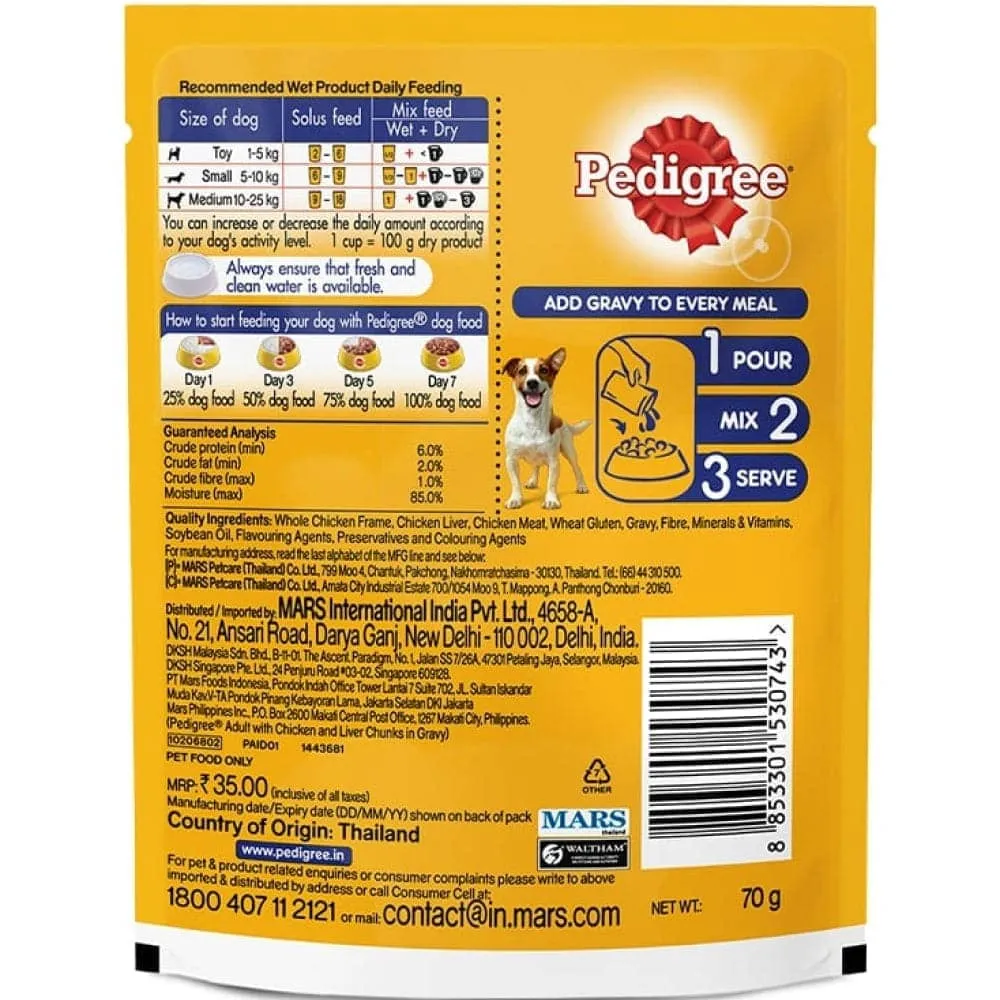 Pedigree Chicken & Liver Chunks in Gravy Pouch Adult Wet Food and Chicken & Vegetables Adult Dog Dry Food Combo