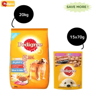 Pedigree Meat & Milk Dry and Chicken Chunks in Gravy Wet Puppy Food Combo
