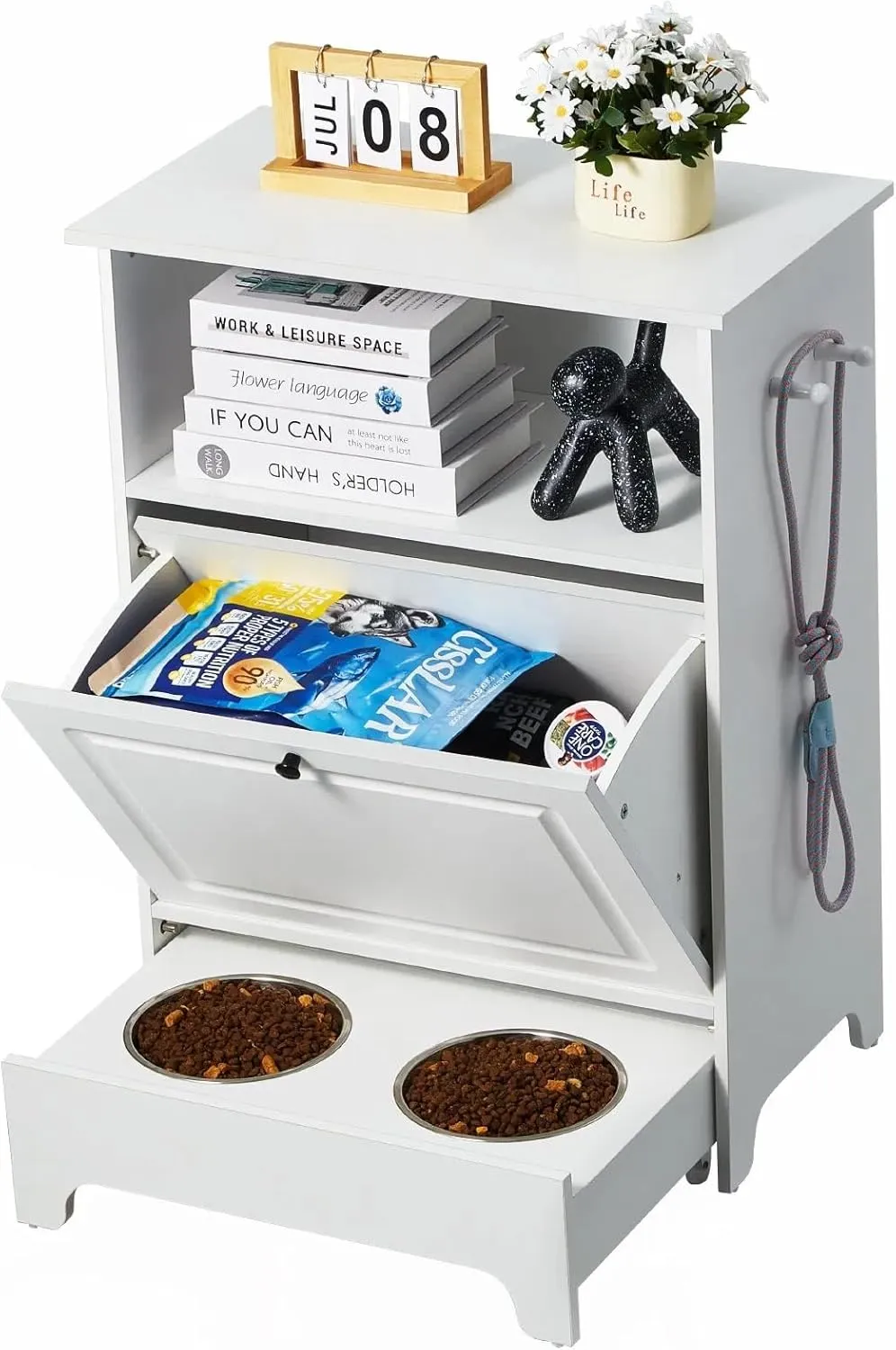 Pet Feeding Station with 2 Elevated Dog Bowls and Storage Cabinet, Wooden Dog Food Cabinet with Hidden Pull-Out Bowl, Dog Feeder Station, Storage Organizer, White