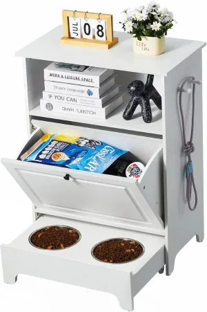 Pet Feeding Station with 2 Elevated Dog Bowls and Storage Cabinet, Wooden Dog Food Cabinet with Hidden Pull-Out Bowl, Dog Feeder Station, Storage Organizer, White