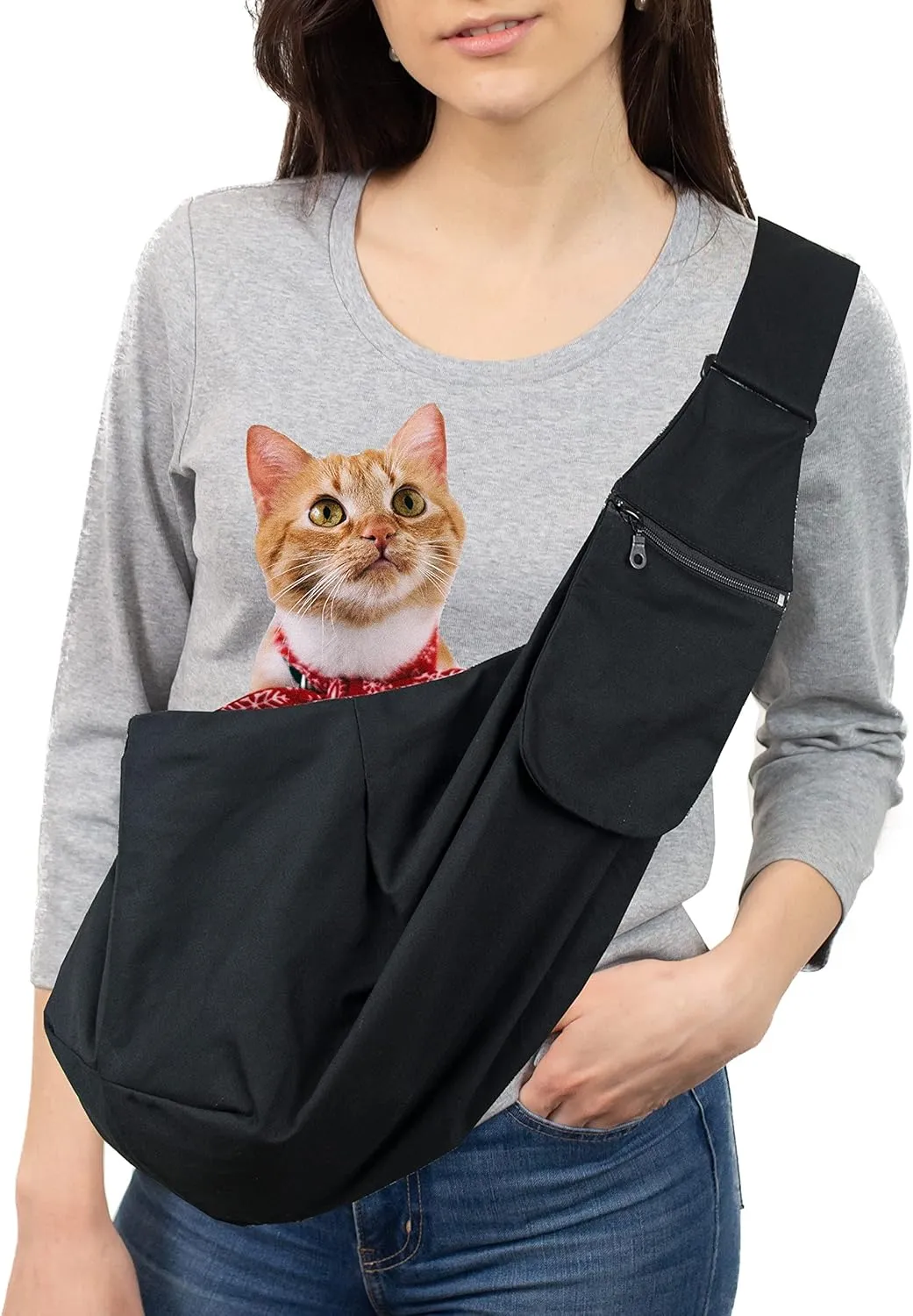 Pet Sling Carrier Adjustable Shoulder Strap Puppy Tote Hands Free Reversible Pet Backpack for Outdoor Travel Black