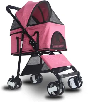 Pet Stroller Detachable 25Kg, Travel Trolley with 2 Front Swivel Wheels Foldable 4 Wheels Pram Buggy for Medium Dog (Pink)