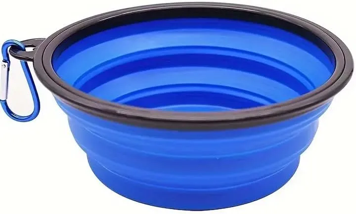 Portable Collapsible Dog Food and Water Bowl, Plastic Travel Bowl Dish with Carabiner, 2-Piece, Blue