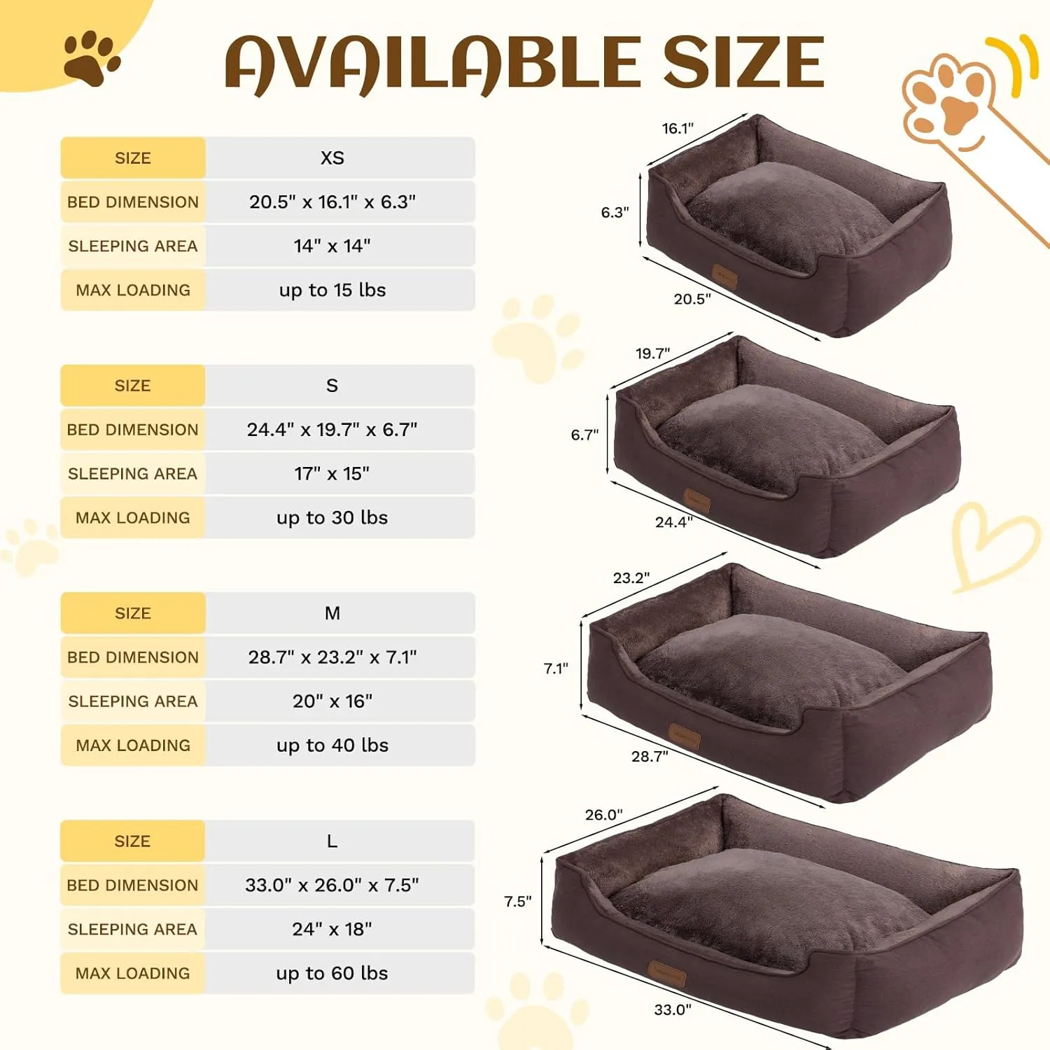 Rectangle Dog Bed for Large Medium Small Dogs Washable Pet Bed with Bolster Sides Non-Slip Bottom Pet Sofa Waterproof Lining Durable Pet Cuddler, Dark-Brown, 33x 26x 7.5