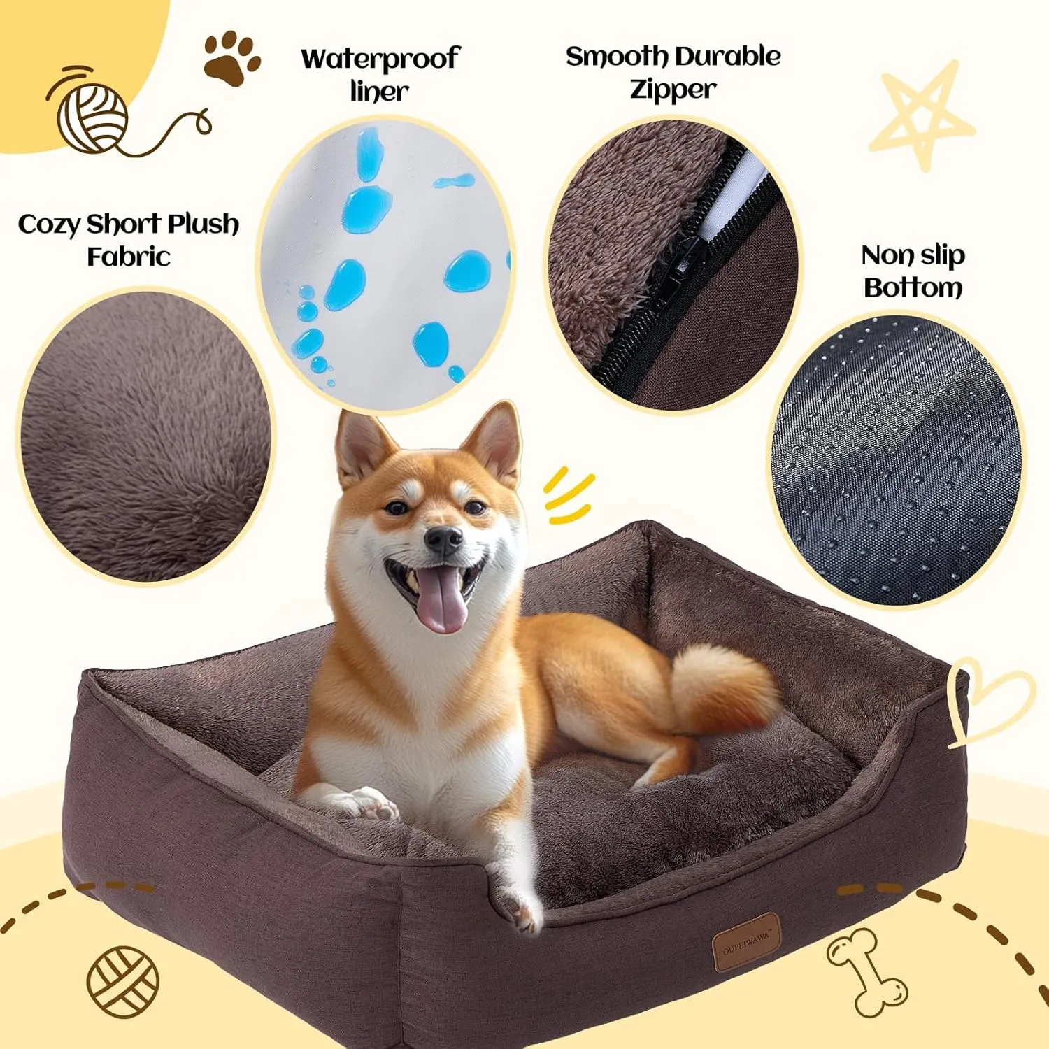 Rectangle Dog Bed for Large Medium Small Dogs Washable Pet Bed with Bolster Sides Non-Slip Bottom Pet Sofa Waterproof Lining Durable Pet Cuddler, Dark-Brown, 33x 26x 7.5