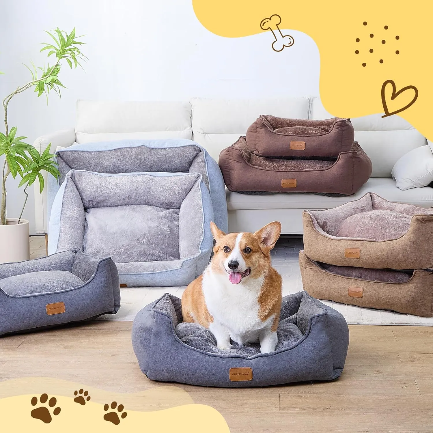 Rectangle Dog Bed for Large Medium Small Dogs Washable Pet Bed with Bolster Sides Non-Slip Bottom Pet Sofa Waterproof Lining Durable Pet Cuddler, Dark-Brown, 33x 26x 7.5