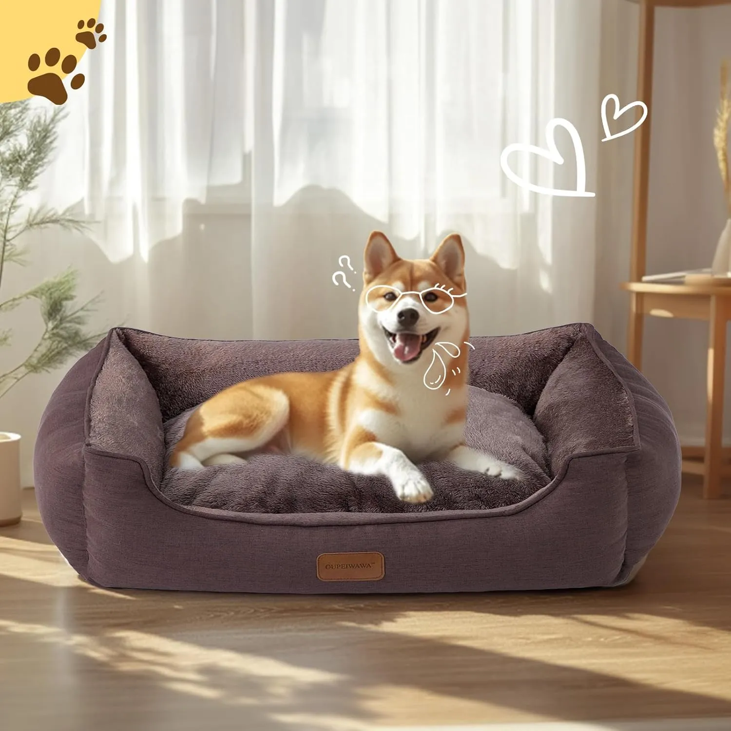Rectangle Dog Bed for Large Medium Small Dogs Washable Pet Bed with Bolster Sides Non-Slip Bottom Pet Sofa Waterproof Lining Durable Pet Cuddler, Dark-Brown, 33x 26x 7.5