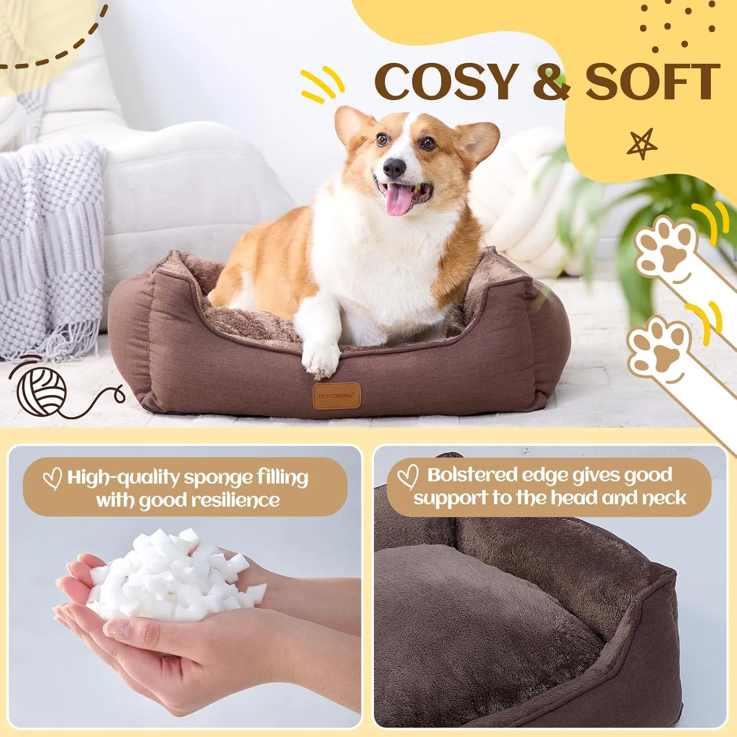 Rectangle Dog Bed for Large Medium Small Dogs Washable Pet Bed with Bolster Sides Non-Slip Bottom Pet Sofa Waterproof Lining Durable Pet Cuddler, Dark-Brown, 33x 26x 7.5
