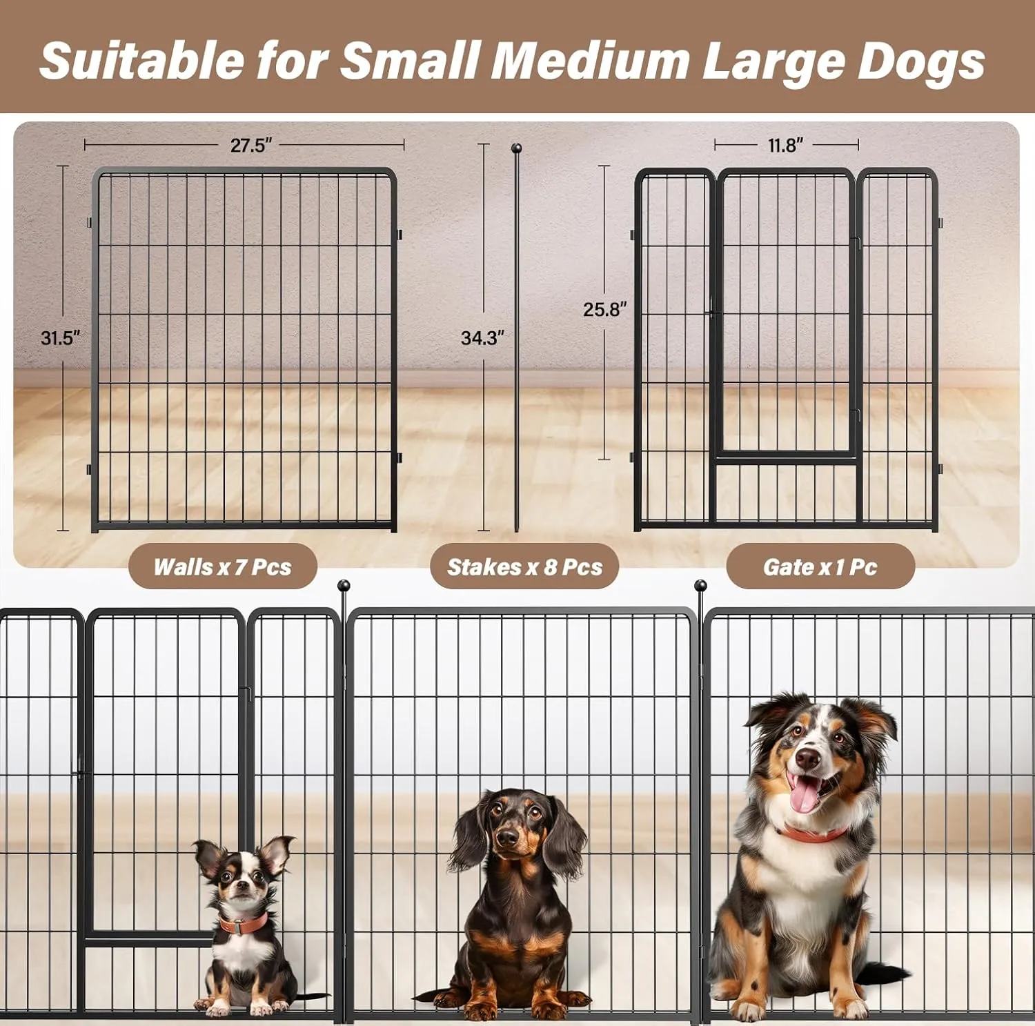 Simple Deluxe Dog Playpen Indoor Outdoor, 32" Height 8 Panels Fence with Anti-Rust Coating, Metal Heavy Portable Foldable Dog Pen for Small/Medium Dogs RV Camping, Black