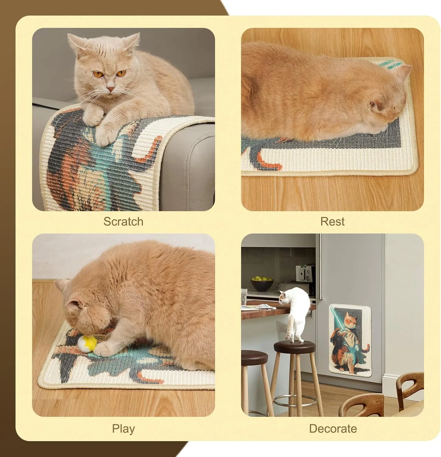 SOLDAY Sisal Cat Scratcher Mat 22x13 inch for Floor Wall Carpet Couch Furniture, Cat Scratching Posts Board with Velcro Tape, Anti Scratch Furniture Protector(Lightsaber Cat)