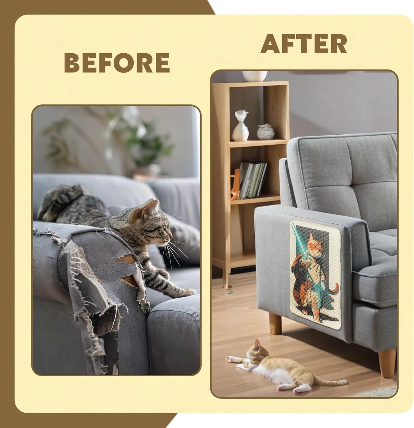 SOLDAY Sisal Cat Scratcher Mat 22x13 inch for Floor Wall Carpet Couch Furniture, Cat Scratching Posts Board with Velcro Tape, Anti Scratch Furniture Protector(Lightsaber Cat)