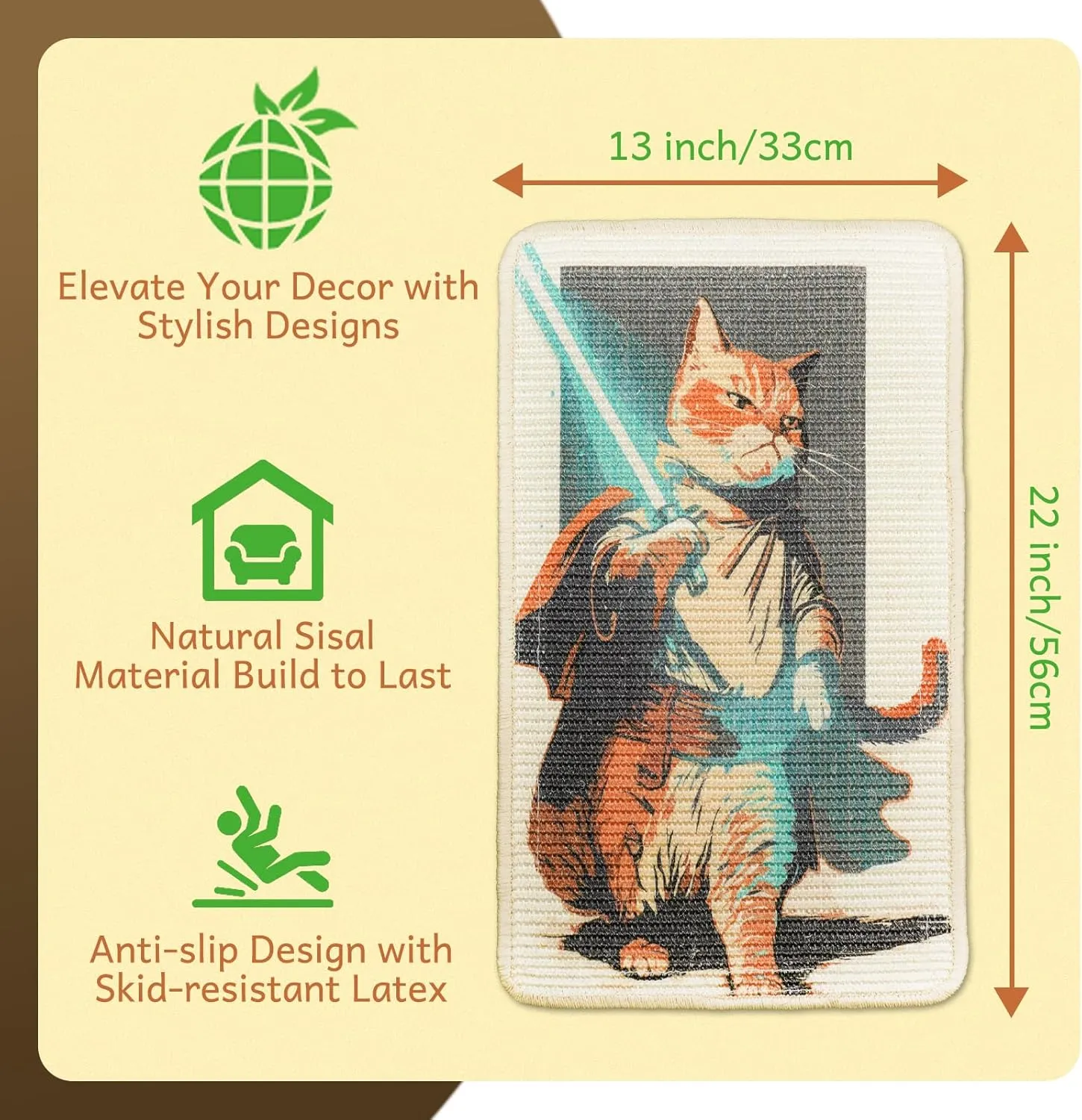 SOLDAY Sisal Cat Scratcher Mat 22x13 inch for Floor Wall Carpet Couch Furniture, Cat Scratching Posts Board with Velcro Tape, Anti Scratch Furniture Protector(Lightsaber Cat)