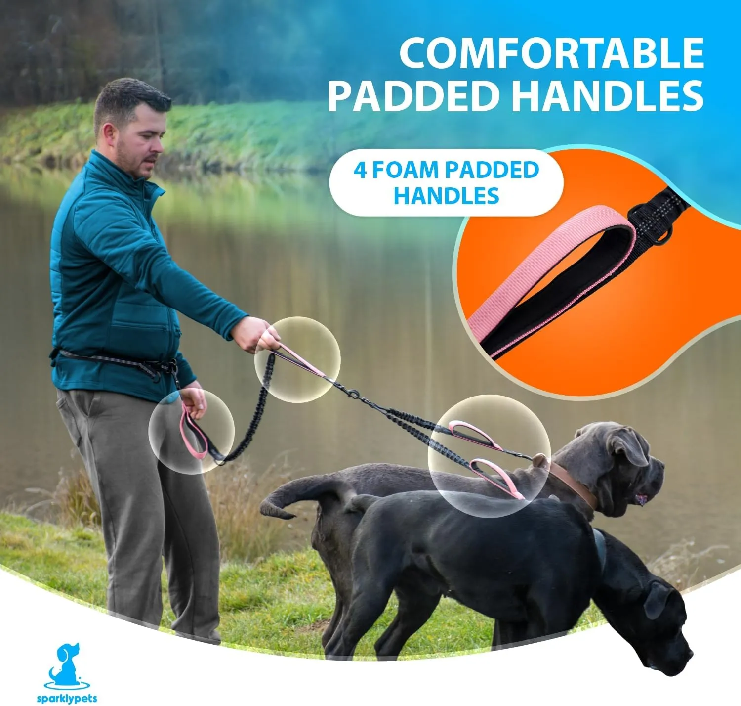 SparklyPets Hands Free Double Dog Leash  Dual Leash for Medium and Large Breeds  Lead for 2 Dogs with Padded Handles, Reflective Stitches, No Pull, Tangle Free