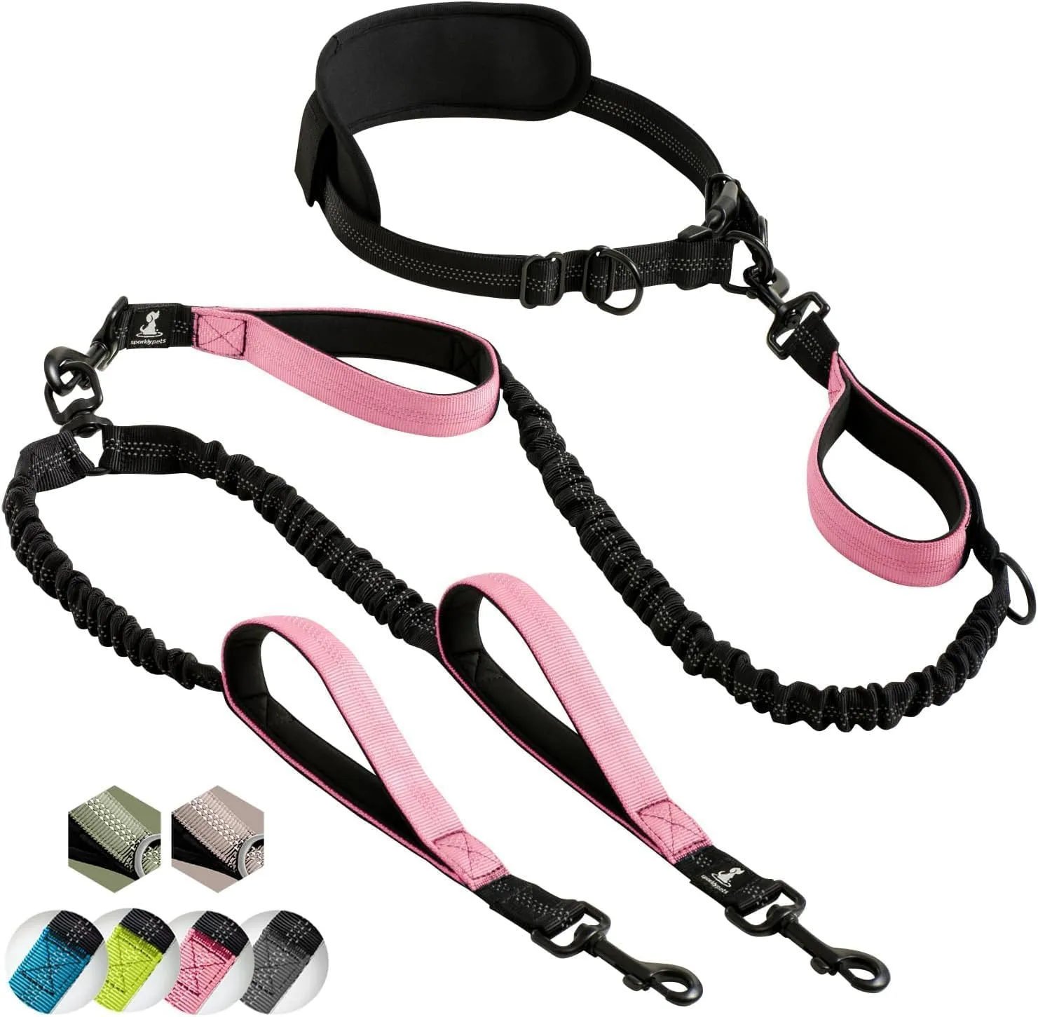 SparklyPets Hands Free Double Dog Leash  Dual Leash for Medium and Large Breeds  Lead for 2 Dogs with Padded Handles, Reflective Stitches, No Pull, Tangle Free