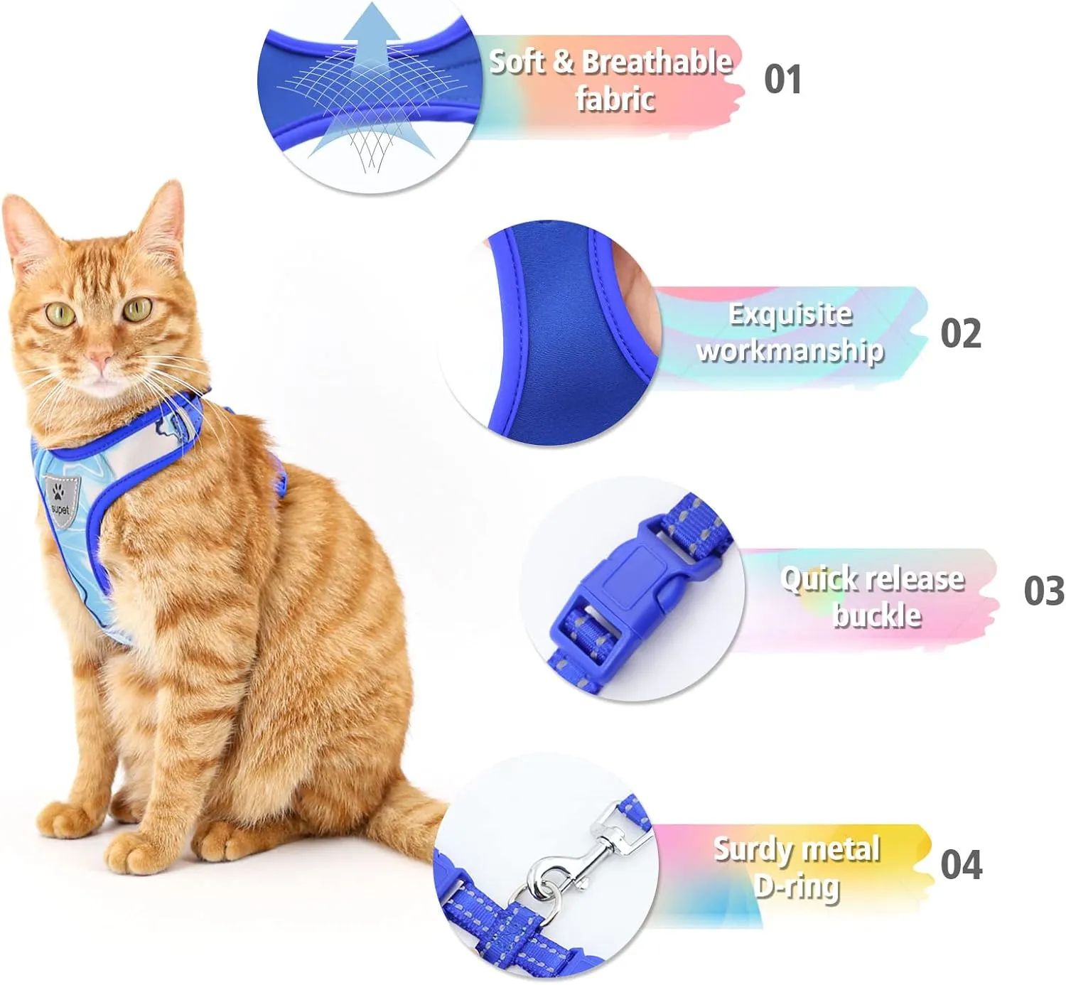 Supet Cat Harness and Leash Set Stylish Escape Proof Cat Vest Harness Adjustable Breathable Pet Harness with Reflective Trim Step-in Cat Leash and Harness for Cats Puppies MChest:11.0-18.3'' Blue