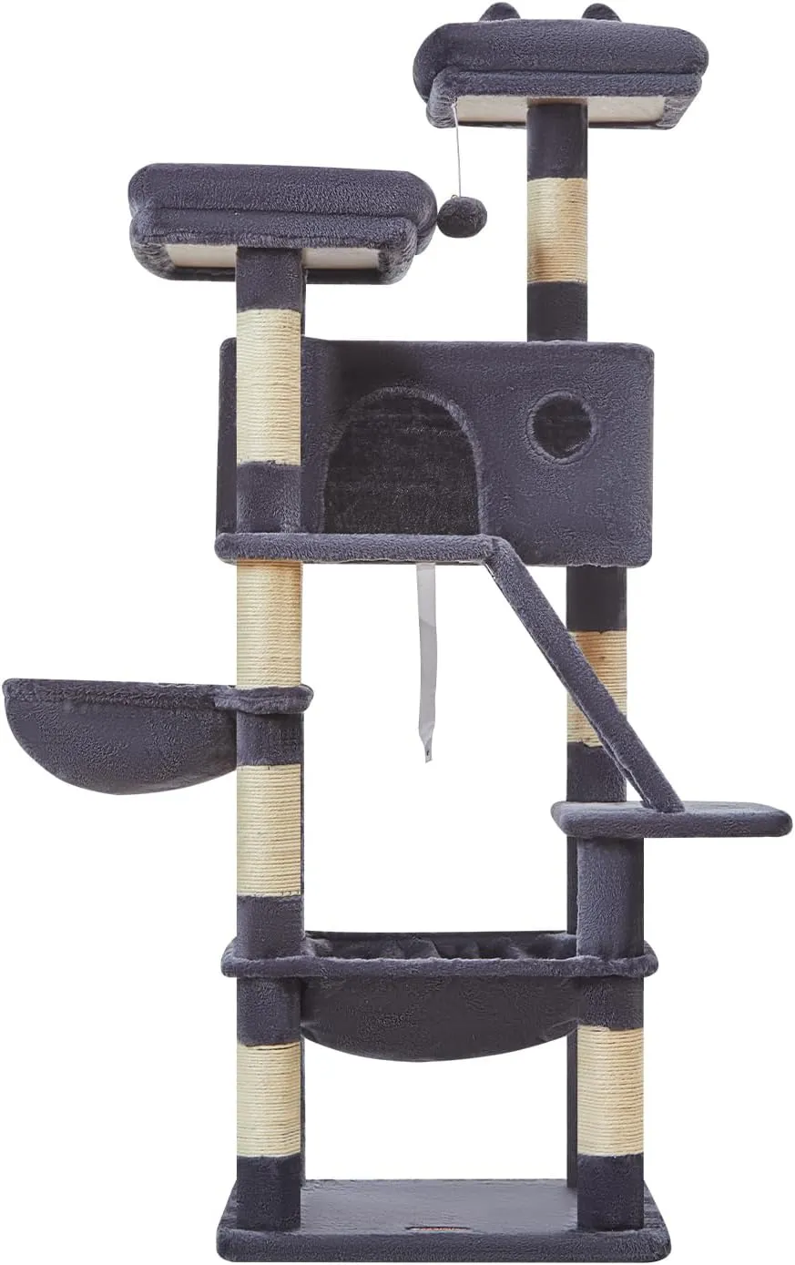 Taoqimiao Cat Tree 57.5-Inch, Cat Tower for Indoor Cats Large Adult, Extra Large Cat Condo, 8 Sisal Scratching Posts, Metal Frame Cozy Hammock, Durable Scratch Board, 2 Top Perches, Smoky Gray MS026G